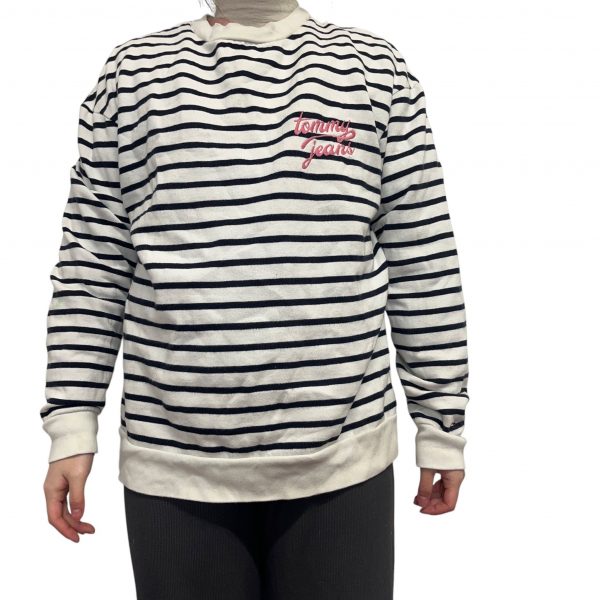 Tommy Jeans White and Black Striped Long Sleeved Jumper Mens Size L